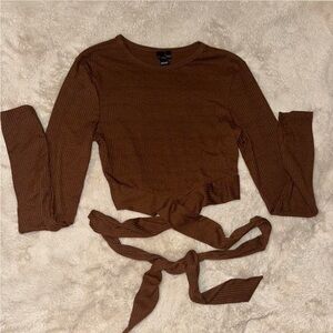 Brown Long Sleeve Waist-Tie Top